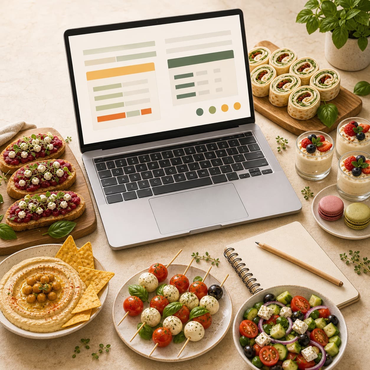 Osoba sestavuje cateringové menu v online kalkulačce na notebooku